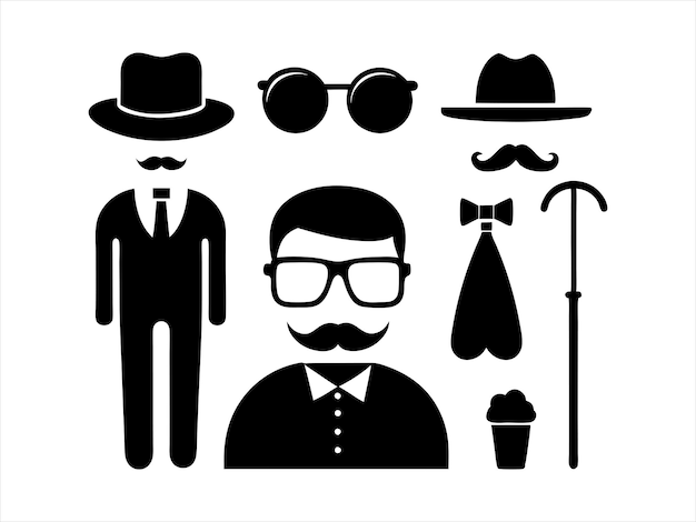 Sombrero y adornos del día del padre Set vectorial de iconos de silueta
