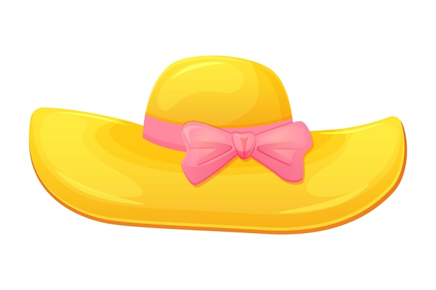 Vector sombrero amarillo para el sol con lazo rosa accesorios de verano para mujeres ilustración vectorial aislada en blanco