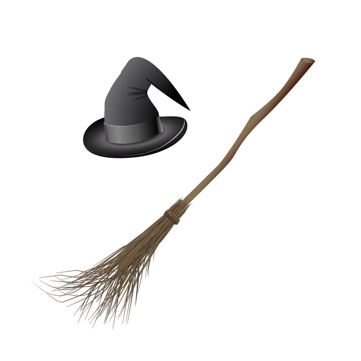 Vector sombrero de bruja y escoba mágica pegatinas de halloween conjunto de ilustraciones vectoriales para el día de todos los santos místico