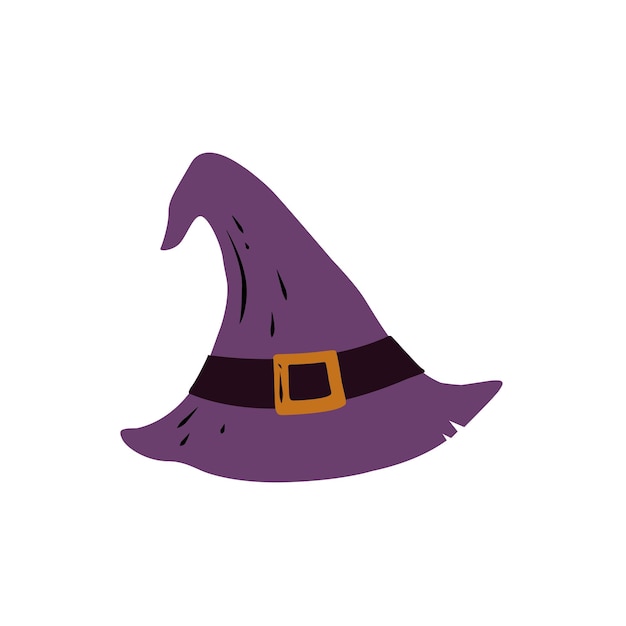 Un sombrero de bruja morado decorado con un cinturón negro delgado.