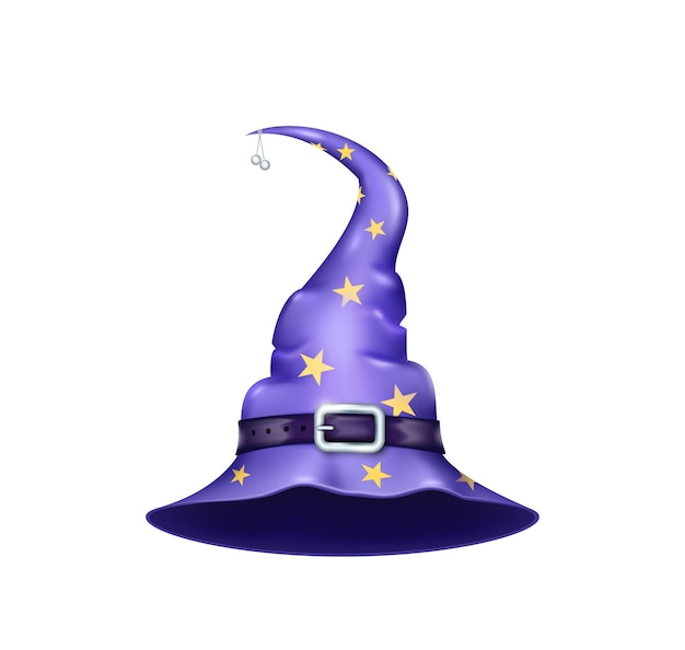 Sombrero de bruja realista elemento de vacaciones de halloween gorra de mago púrpura con estrellas y cinturón