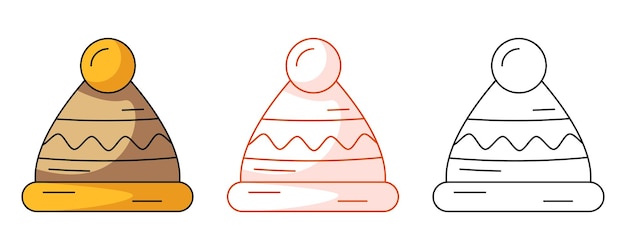 Sombrero cálido colorido y conjunto de iconos de línea Elemento de ropa de otoño o invierno para clima frío Vector
