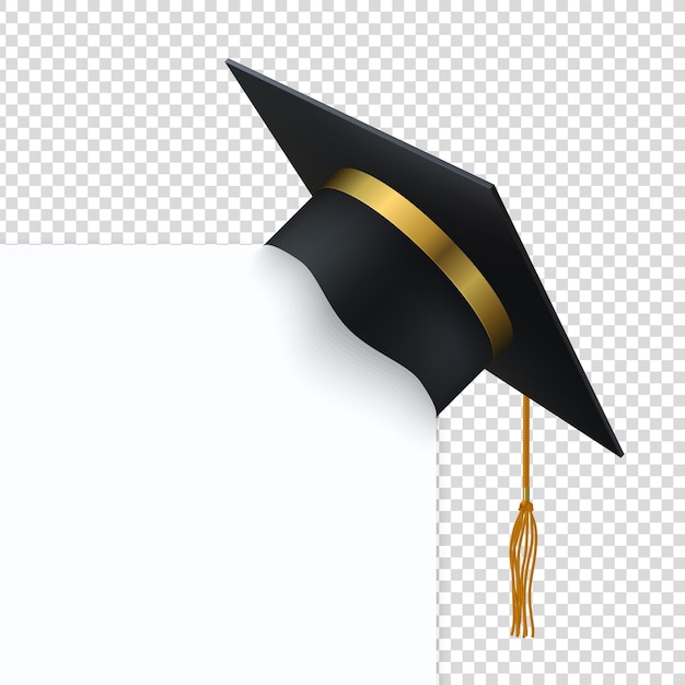 Sombrero de ceremonia de grado negro con pancarta blanca Gorra de graduación realista en 3D con cinta dorada y borla Tocado vectorial colgado en la esquina del tablero en blanco sobre fondo transparente