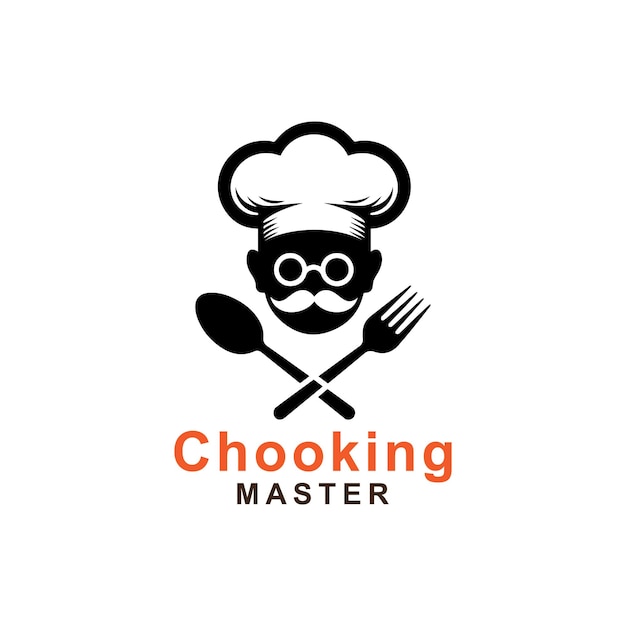Sombrero de chef bigote con tenedor y cuchara Logotipo del restaurante sobre fondo blanco