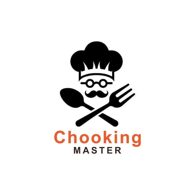 Sombrero de chef bigote con tenedor y cuchara Logotipo del restaurante sobre fondo blanco