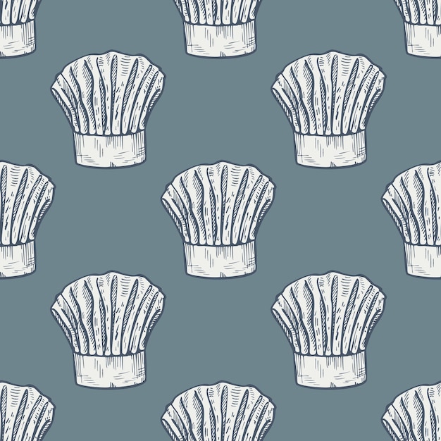 Sombrero de chef grabado de patrones sin fisuras Elemento tradicional de cocina para cocinar en estilo dibujado a mano