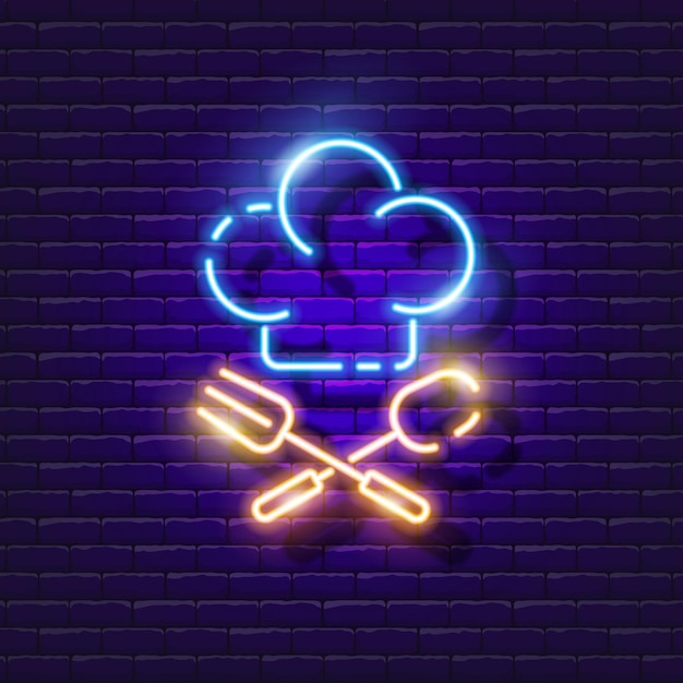 Sombrero de chef letrero de neón y cubiertos Toque icono brillante Ilustración vectorial para el diseño Concepto de lección de cocina