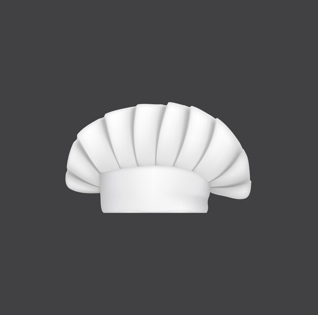 Sombrero de chef realista, gorro de cocinero y toque de panadero blanco 3d. Sombreros de cocina de vector, traje para culinaria, cosas para el uso de la cabeza del personal del restaurante con corona doblada aislado om blanco