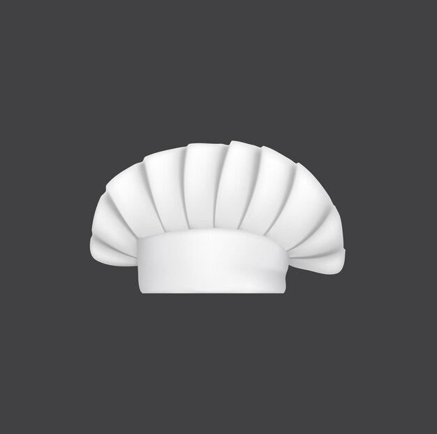 Sombrero de chef realista, gorro de cocinero y toque de panadero blanco 3d. sombreros de cocina de vector, traje para culinaria, cosas para el uso de la cabeza del personal del restaurante con corona doblada aislado om blanco