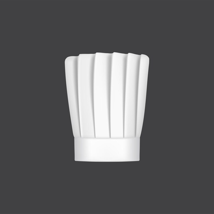 Vector sombrero de chef realista, gorro de cocinero y toque de panadero. gorro de cocinero blanco 3d. sombrero de cocina vectorial con corona plegada alta, uniforme de algodón, traje para el personal culinario, ropa de cabeza aislada para el cocinero del restaurante
