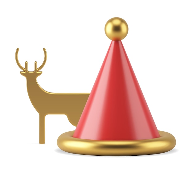 Sombrero de cono rojo de Santa Claus con elementos dorados decorativos y vector de icono 3d de adorno de ciervo de bosque delgado