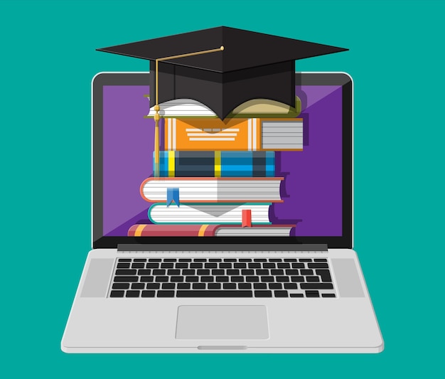 Sombrero de cuaderno y pila de libro concepto de educación en línea aprendizaje a distancia cursos en línea proceso de estudio elearning escuela académica conocimiento educación y graduación ilustración de vector plano