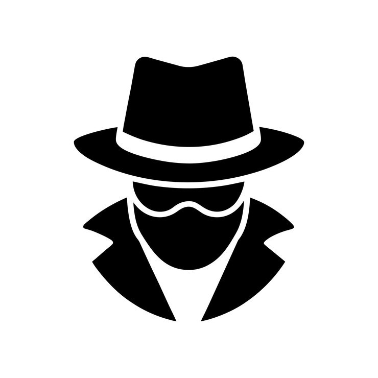 sombrero fedora negro y blanco y ilustración de icono de máscara misteriosa