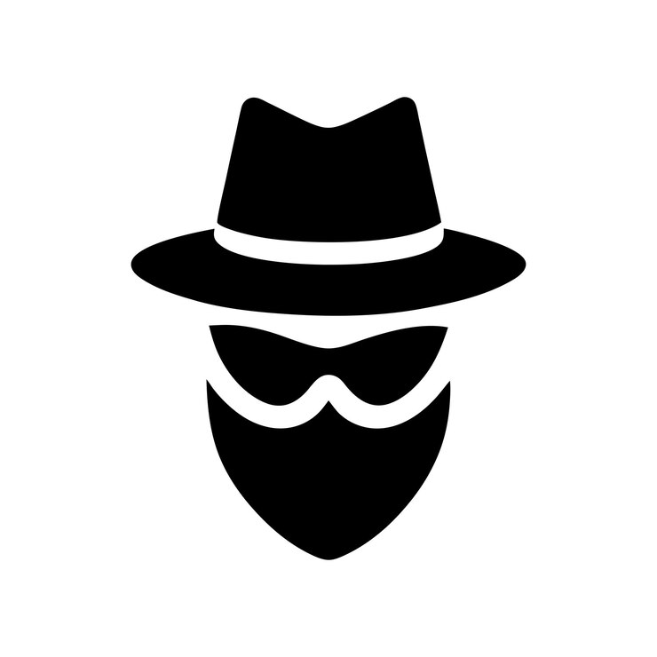 sombrero fedora negro y blanco y ilustración de icono de máscara misteriosa