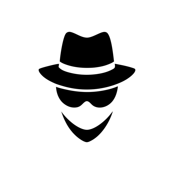 sombrero fedora negro y blanco y ilustración de icono de máscara misteriosa