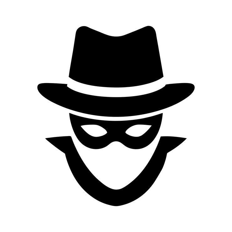 sombrero fedora negro y blanco y ilustración de icono de máscara misteriosa