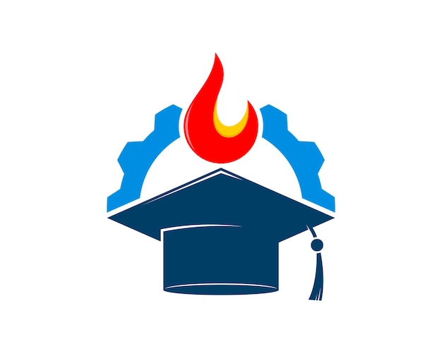 Sombrero de graduación con equipo y fuego en la parte superior.