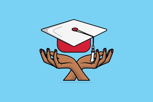 Sombrero de graduación con ilustración de vector de manos de estudiantes Concepto de icono de objeto de educación