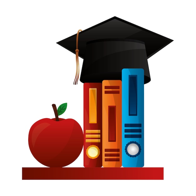 Sombrero de graduación con libros y manzana