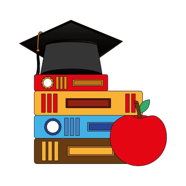 Sombrero de graduación con libros y manzana