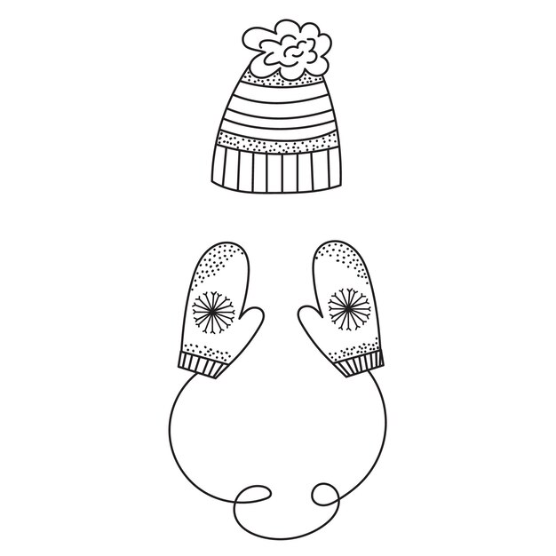 Sombrero de invierno y mitones doodle dibujo vector aislado