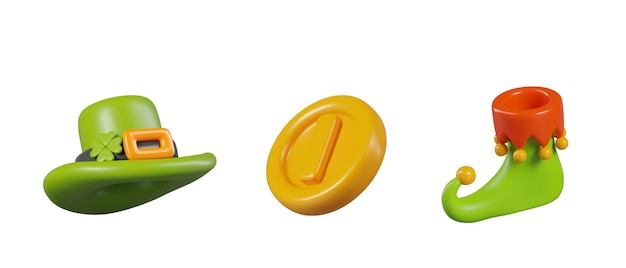 Sombrero de leprechaun verde, moneda de oro, zapato de elfo, elementos vectoriales realistas aislados para el diseño web de vacaciones.