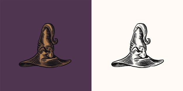 Sombrero mágico de bruja de halloween ropa mítica dibujada a mano boceto vintage grabado