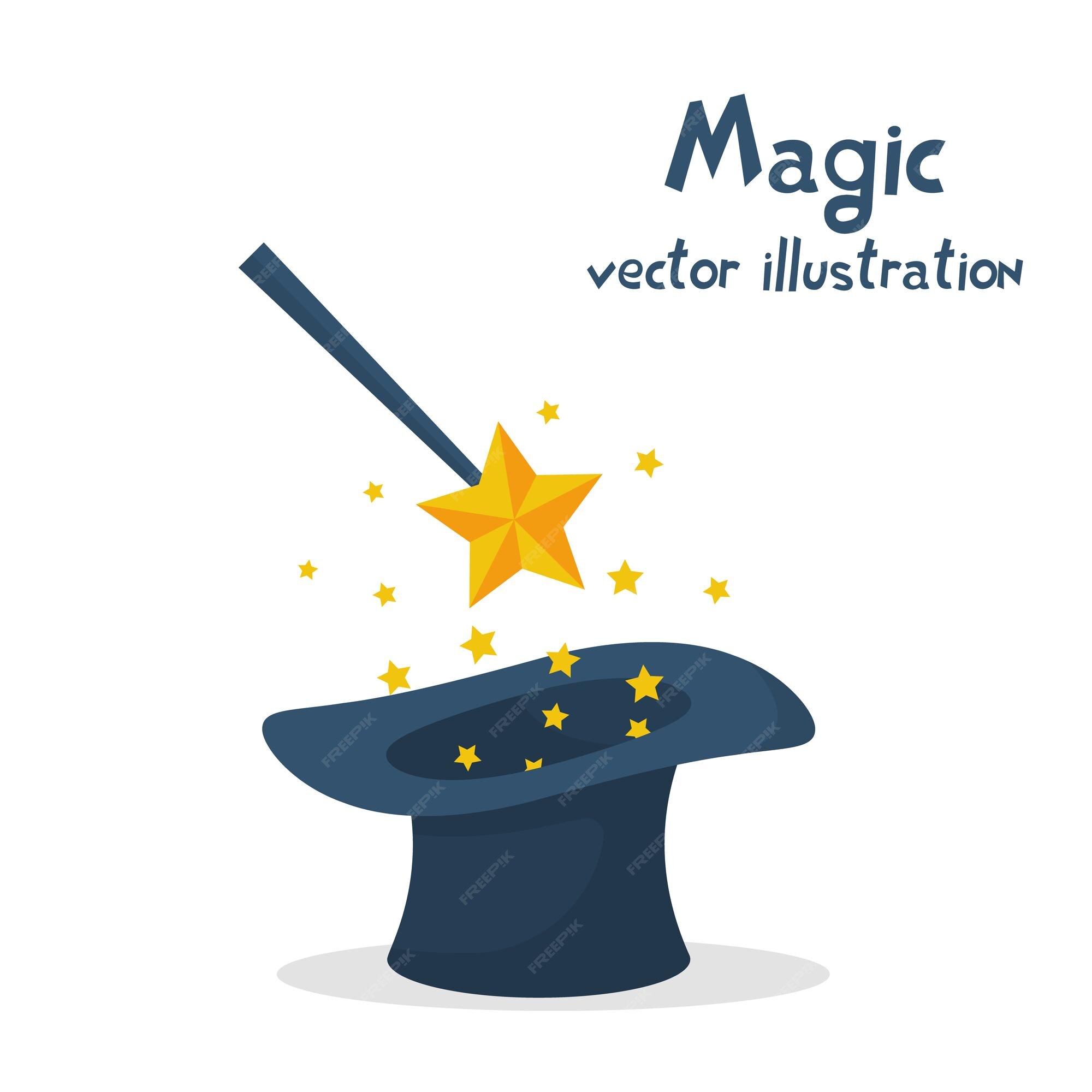 Sombrero mágico y varita con destellos dibujos animados de abracadabra  estrellas mágicas brillan diseño plano de ilustración vectorial aislado  sobre fondo blanco trucos de enfoque e ilusiones | Vector Premium