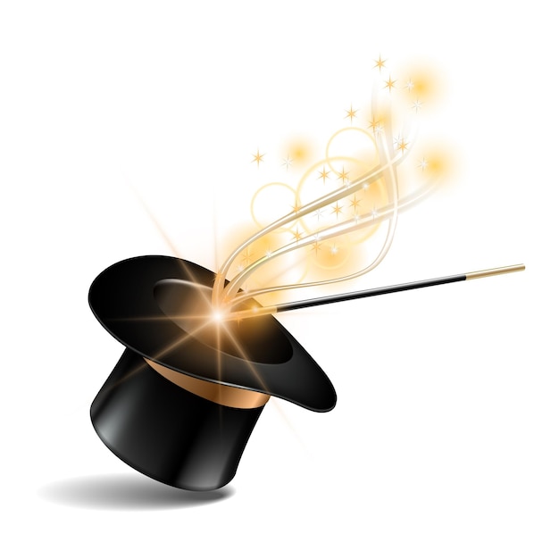 Sombrero mágico y varita mágica con rastro de brillo dorado sobre fondo blanco. ilustración vectorial