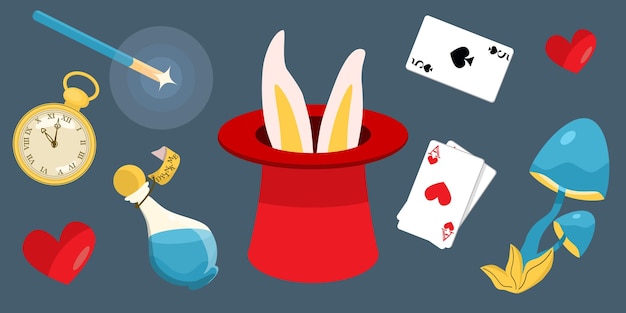 Sombrero de mago con orejas de conejo juego de cartas botella de reloj set de elementos vectoriales de set de set de set de set de set de set de set de set de set de set de set de set de set de set de set de set de set de set de