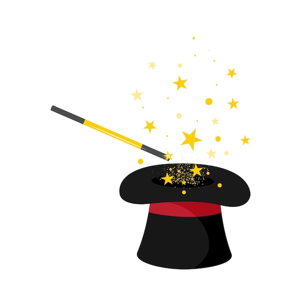 Vector sombrero de mago y varita con estrellas
