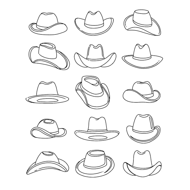 sombrero, mano, dibujado, garabato, ilustraciones, vector, conjunto