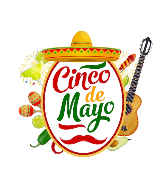 Vector sombrero, maracas, guitarra. cinco de mayo mexicano