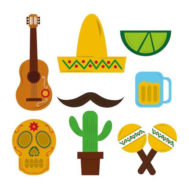 Vector sombrero mexicano guitarra cráneo maraca tequila cactus bigote