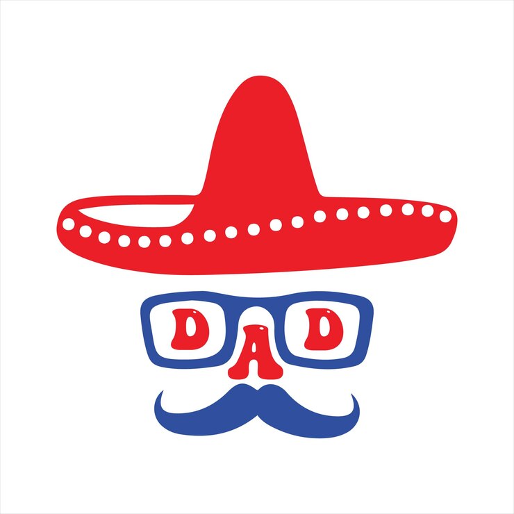 Un sombrero mexicano rojo y azul y anteojos con la palabra papá en ellos.