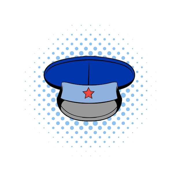 Sombrero militar azul con icono de cómic estrella sobre un fondo blanco.