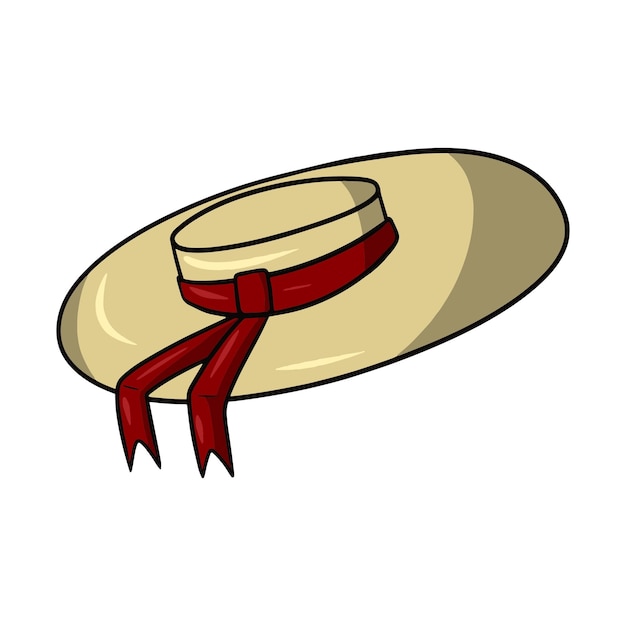 Sombrero de mujer grande con una ilustración de vector de sombrero de sol de lazo rojo en estilo de dibujos animados