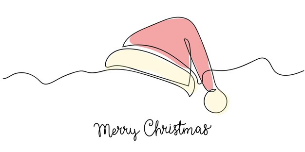 Sombrero de Navidad Un dibujo de línea continua Vector de bandera horizontal Letra de Feliz Navidad