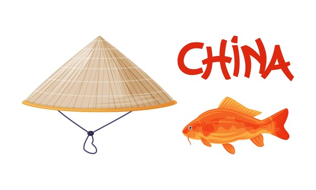 Sombrero de paja chino cónico y carpa naranja Koi como conjunto vectorial de símbolos culturales tradicionales de China