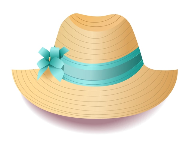 Sombrero de paja con cinta azul de borde ancho y lazo accesorio de moda de verano aislado en blanco