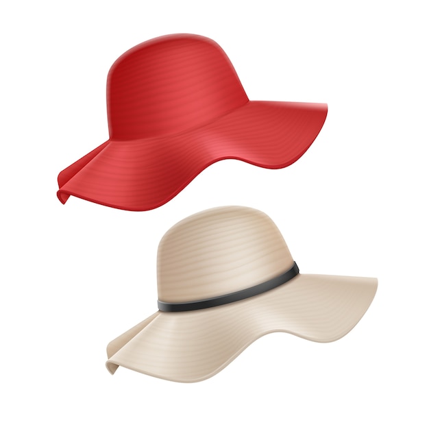 Vector sombrero de paja rojo y blanco de verano de mujer aislado sobre fondo blanco.
