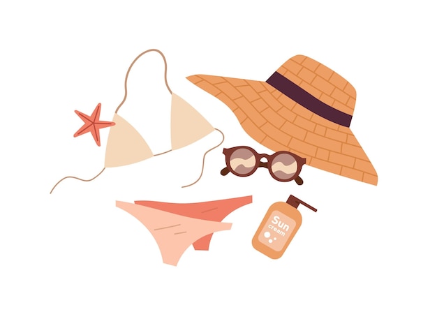 Sombrero de paja, traje de baño, gafas de sol, composición de crema solar. Accesorios, ropa para viajes de verano. Bikini, traje de baño, gafas para balneario. Ilustración de vector plano aislado sobre fondo blanco
