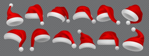 Sombrero de Papá Noel Tocado de invierno rojo realista de Navidad y año nuevo con piel blanca y pompón Colección de pegatinas de decoración fotográfica sobre fondo transparente Conjunto de disfraces vectoriales