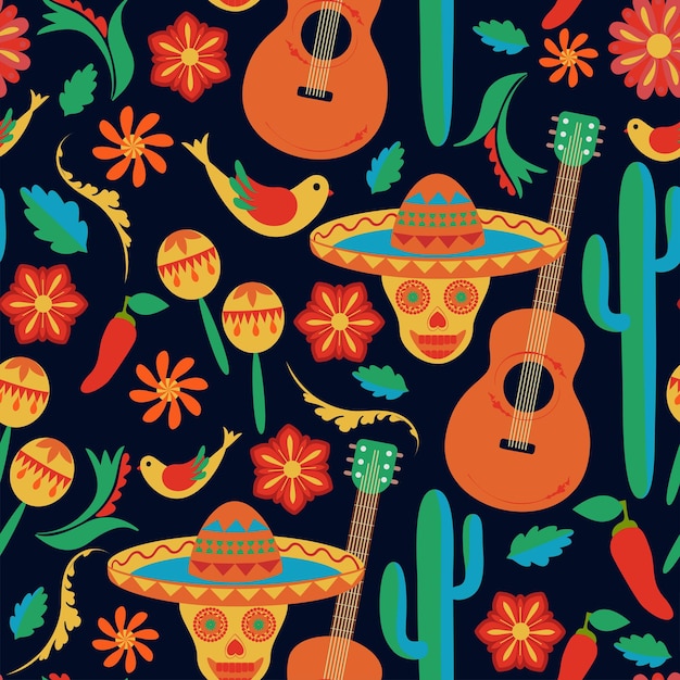 Sombrero de patrones sin fisuras de estilo mexicano pintado calaveras sobre fondo negro Dibujo a mano de arte popular