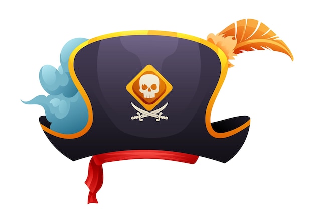 Vector sombrero de pirata con espadas cruzadas de calavera e ilustración de dibujos animados de plumas