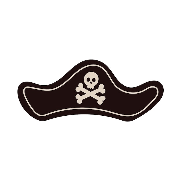 Sombrero pirata negro con calavera y tibias cruzadas ilustración de vector de dibujos animados dibujados a mano aislado sobre fondo blanco | Vector Premium