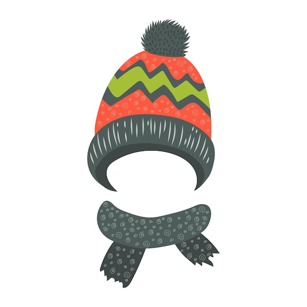 Sombrero de punto para niños en diseño plano gorro adornado con pompom y bufanda Ilustración vectorial aislada
