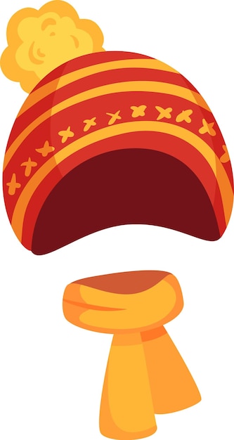 Sombrero de punto a rayas rojas y naranjas con pompom amarillo y bufanda a juego creando un acogedor y elegante conjunto de invierno perfecto para mantenerse caliente durante el clima frío