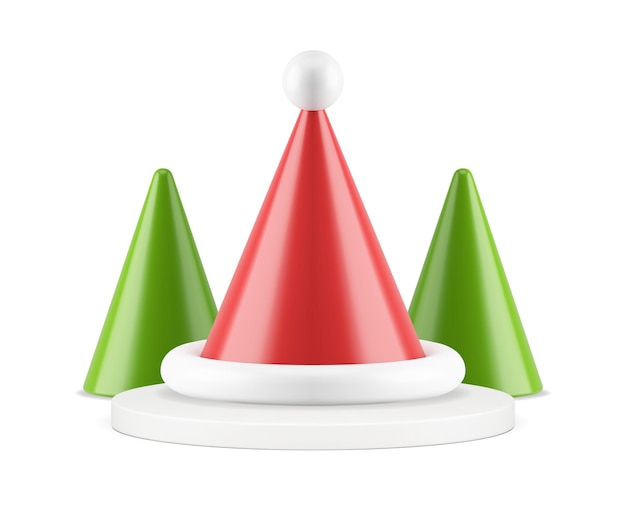 Sombrero rojo de cono de Santa Claus en pedestal con vector de icono 3d realista de árbol de Navidad geométrico verde