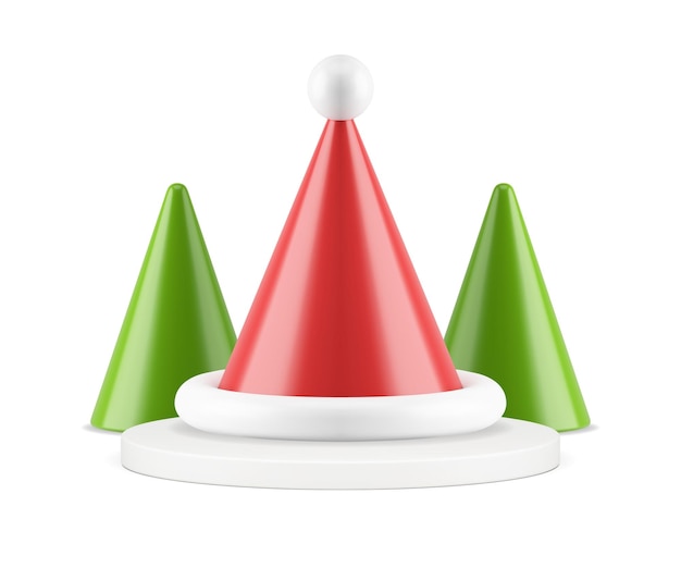 Sombrero rojo de cono de santa claus en pedestal con vector de icono 3d realista de árbol de navidad geométrico verde